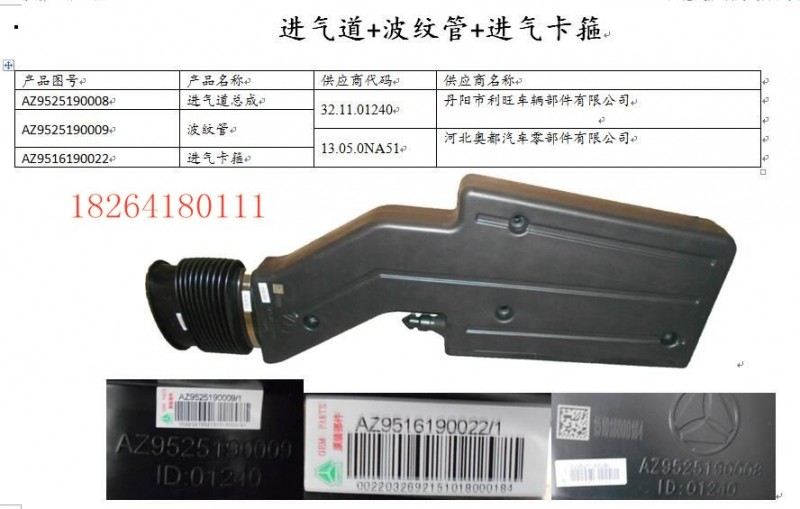 AZ9525190008,進氣道,濟南百思特駕駛室車身焊接廠